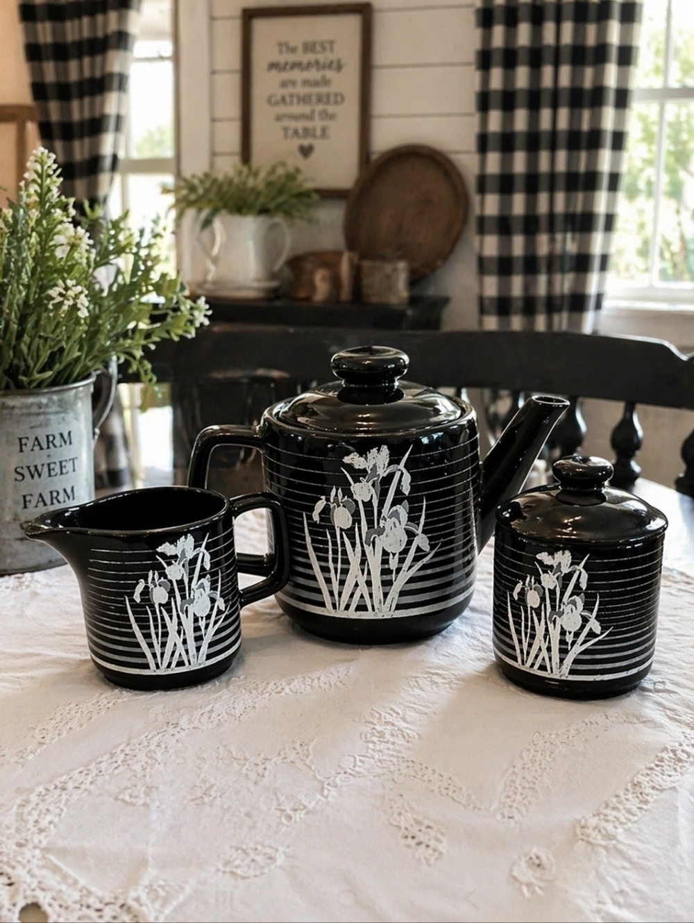Vintage Black and White Tea Set Cottagecore Farmhouse Kitchen Decor Teapot Set